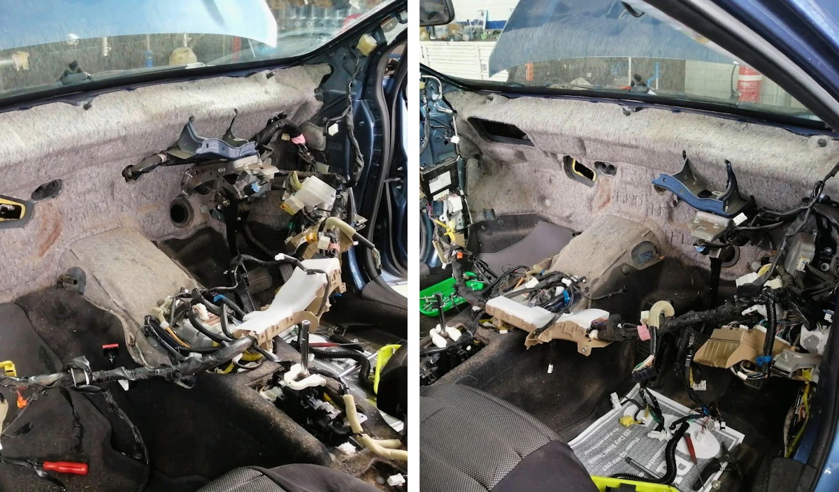 Fully dismantled Mazda dashboard showing access to the AC system